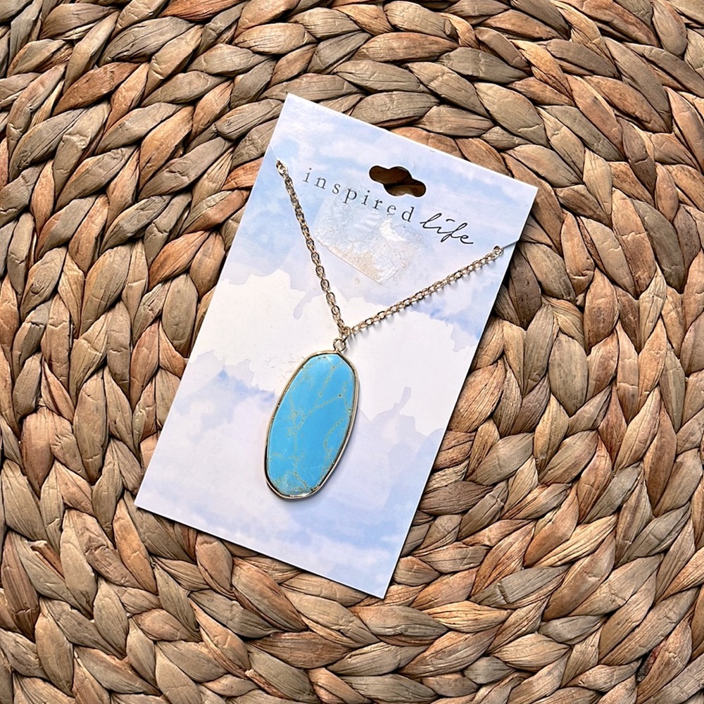 INSPIRED LIFE Long Aqua Oval Stone Pendant Necklace